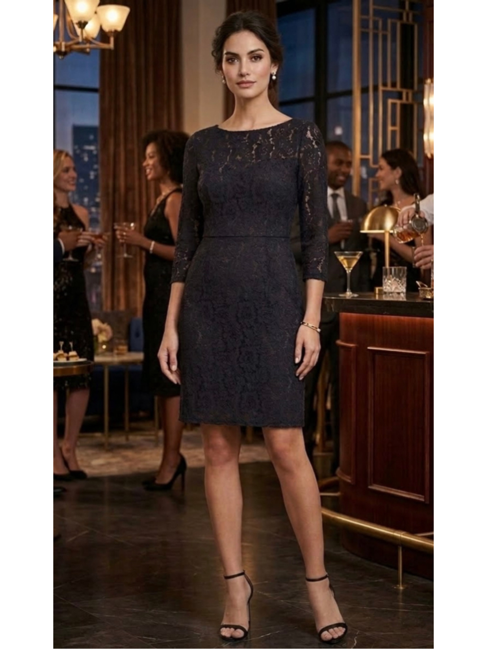 Vtg GOAT (London) Luxury Black Floral Lace Sheath Dress 3/4 Sleeve Size 10 EUC